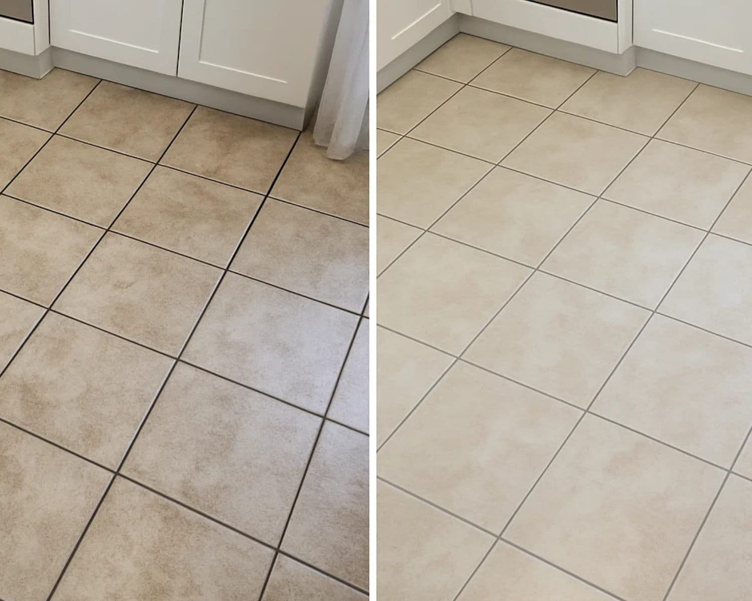 Kitchen tile floor beside the cabinets, half with dirty grout and half freshly cleaned
