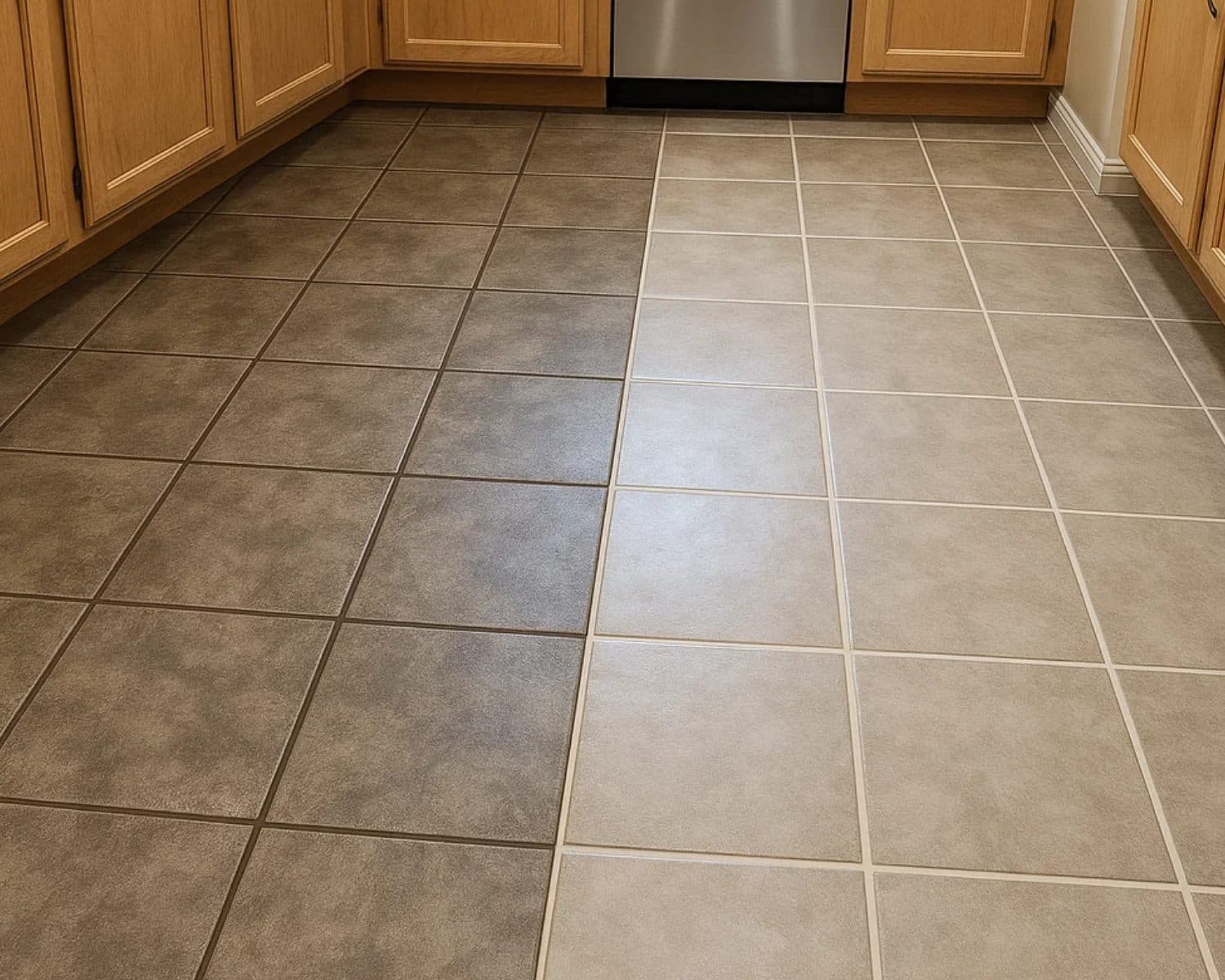 Kitchen tile floor split down the middle, dark dingy grout on one side and restored light grout on the other