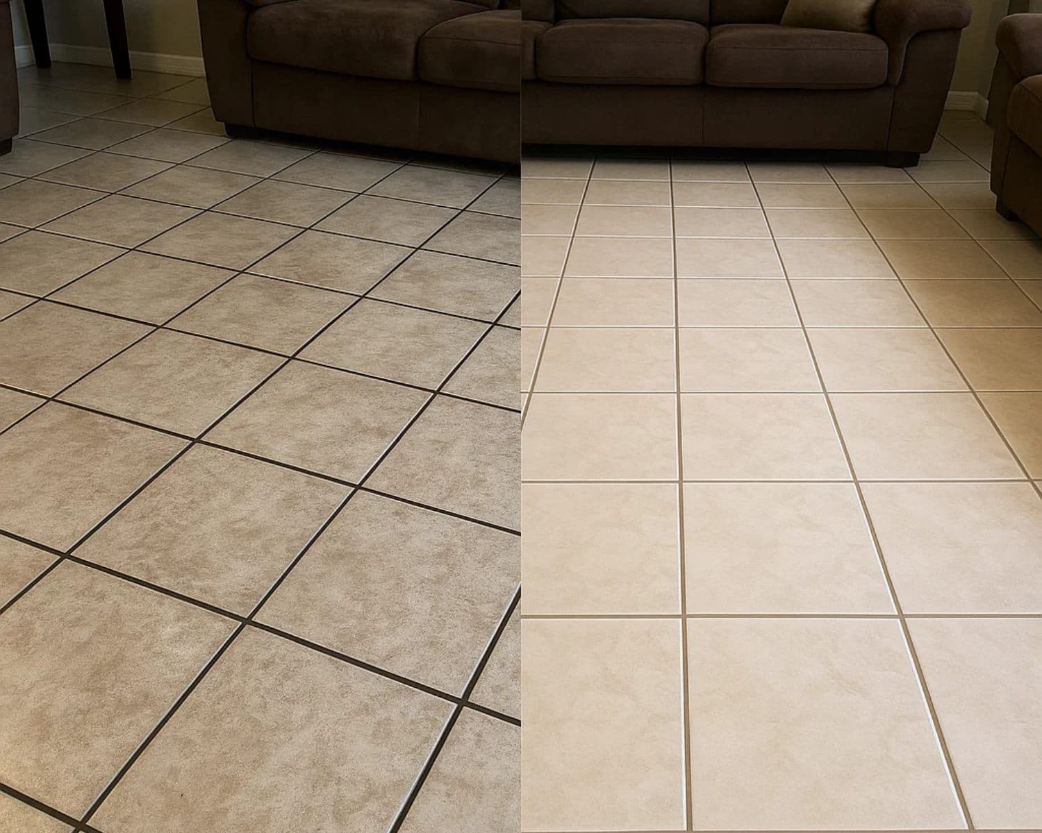 Before and after of a living-room tile floor, dark stained grout on the left and restored light grout on the right