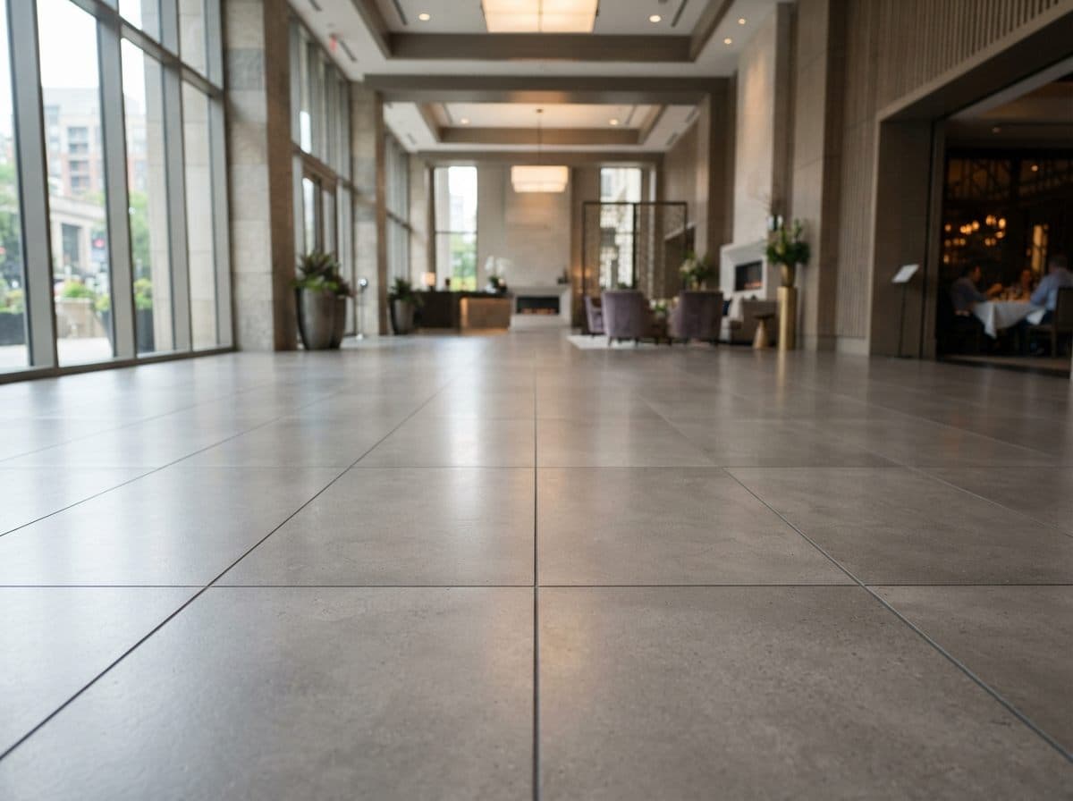 Expansive large-format tile floor in a bright commercial lobby, cleaned to an even sheen