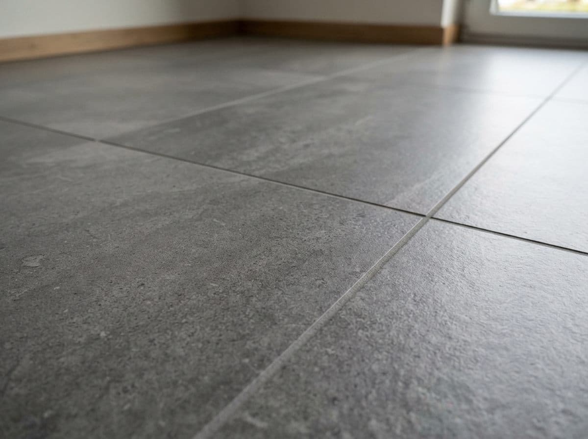Close-up of a gray tile floor with the dull grout haze removed, clean and clear