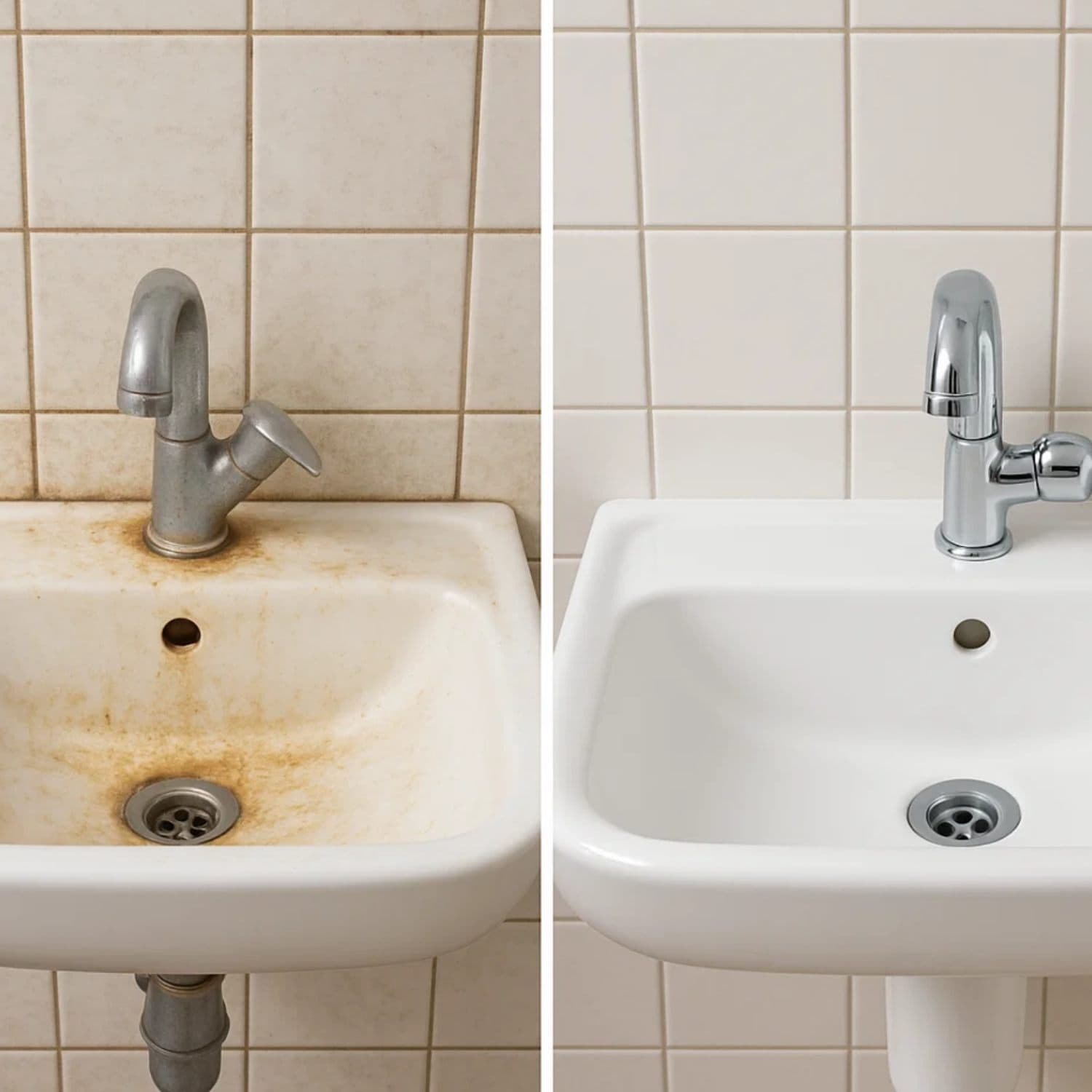 Rust and hard-water mineral staining lifted from a bathroom sink and wall tile, before and after