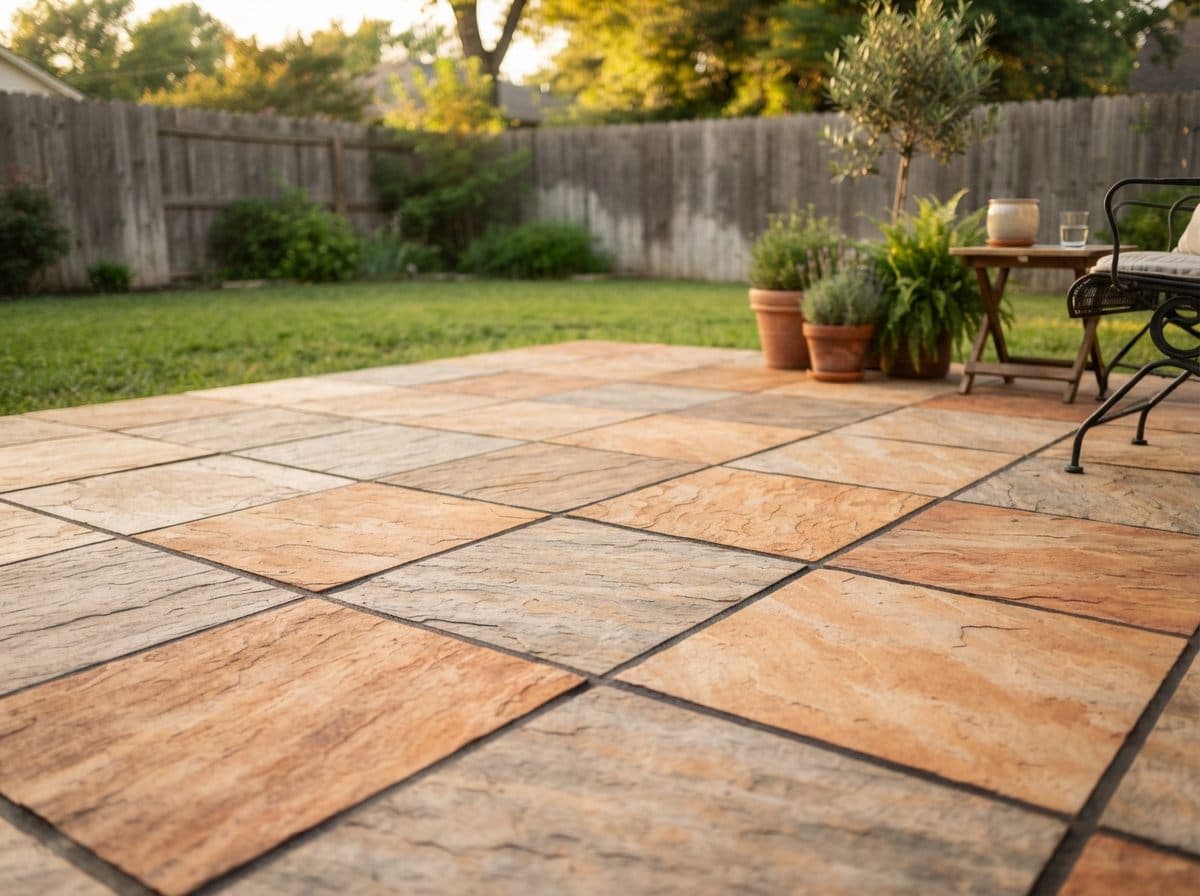 Backyard stone-tile patio deep-cleaned to a warm, even finish in golden evening light