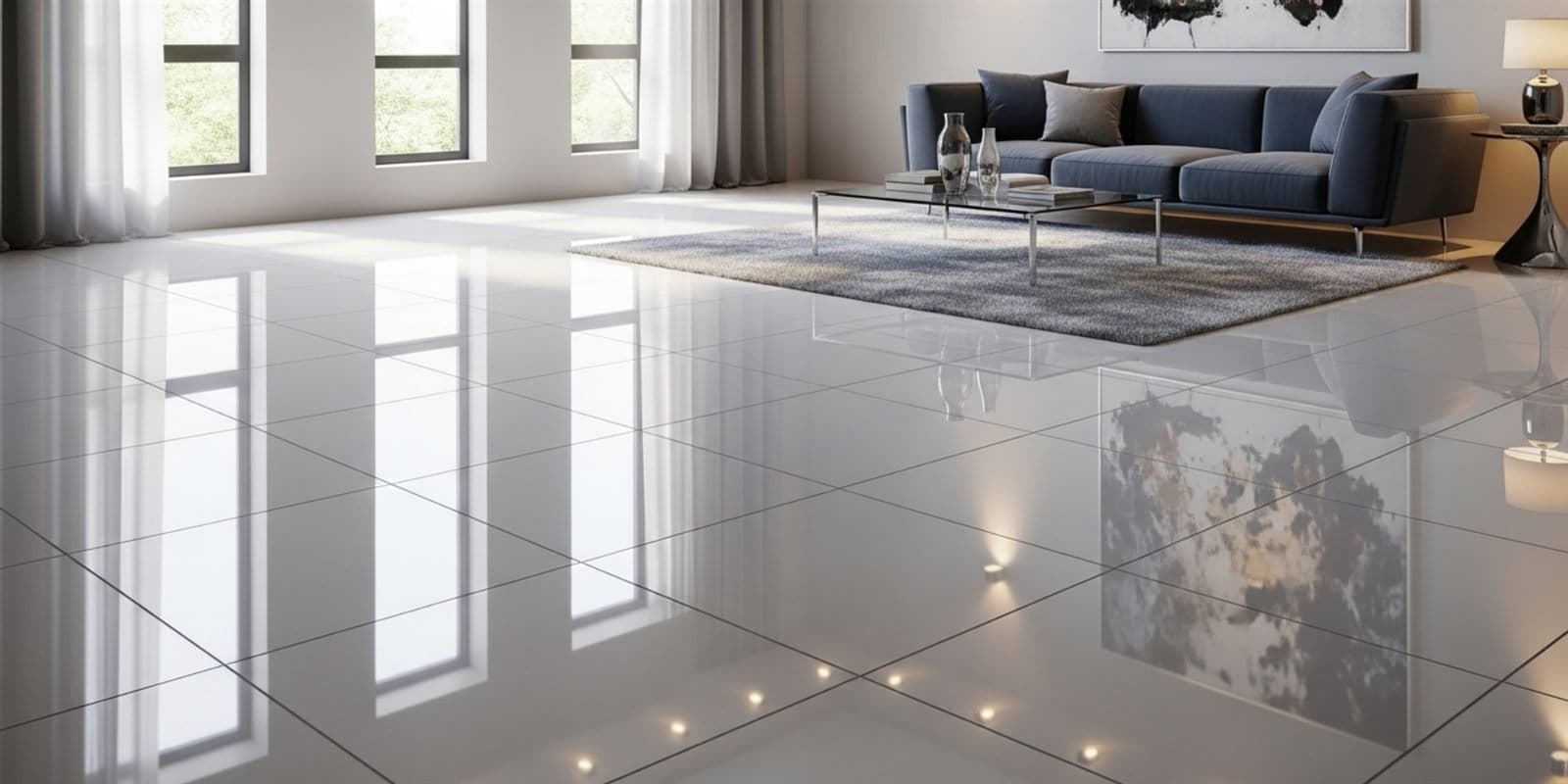 Glossy white porcelain tile floor left spotless in a bright modern living room