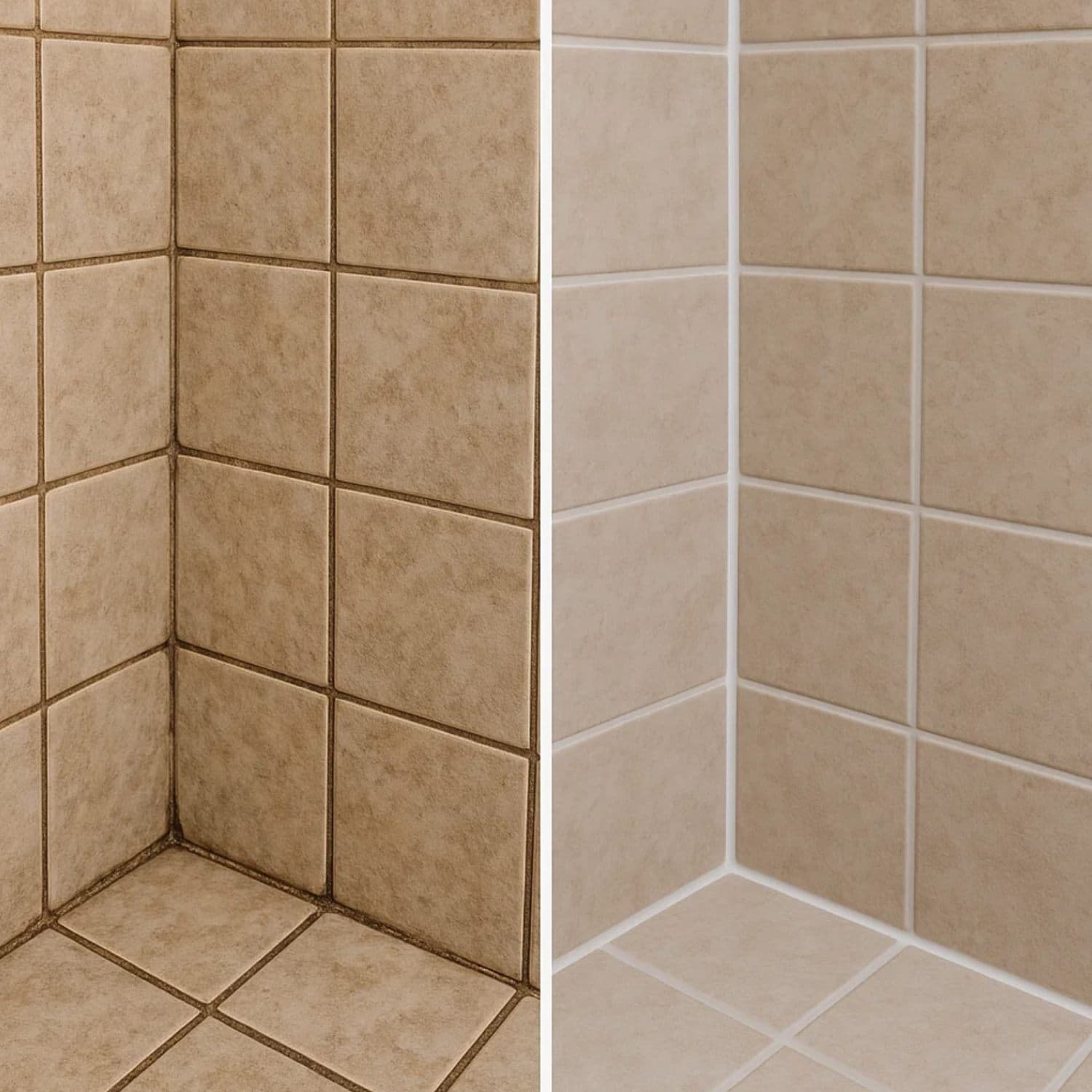 Shower corner with dark mildewed grout restored to clean white lines, before and after